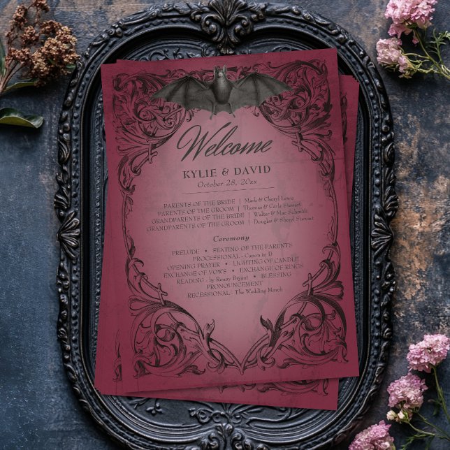 Vintage Bat Until Death Burgundy Wedding Programme (Vintage Bat Until Death Burgundy Wedding Program)