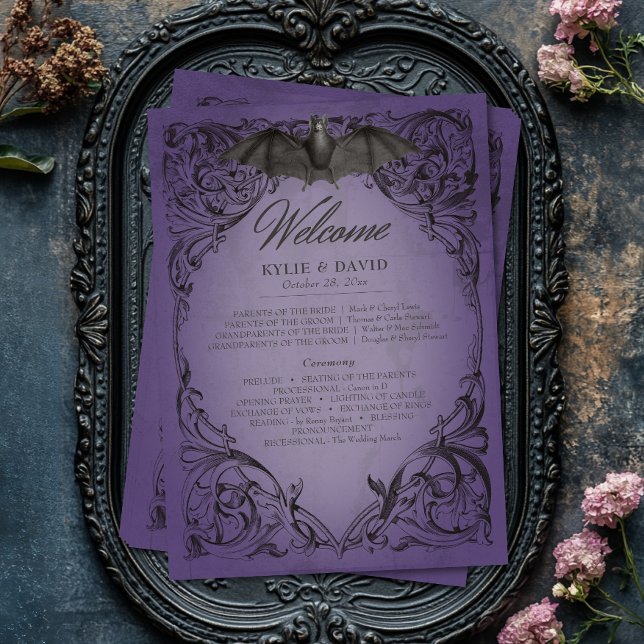 Vintage Bat Until Death Purple Wedding Programme (Vintage Bat Until Death Purple Wedding Program)