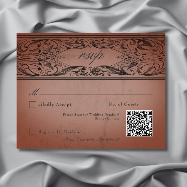 Vintage Bat Until Death Rust Wedding QR Code RSVP Card (Vintage Bat Until Death Rust Wedding QR Code RSVP Card)