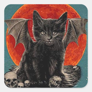 Vintage Batcat Spooky Happy Halloween Square Sticker