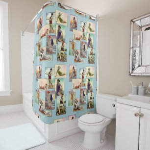 Vintage bathing Beauties on blue Shower Curtain