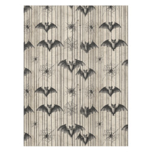 Vintage Bats and Spiderwebs on Distressed Striped Tablecloth