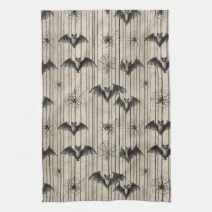 Vintage Bats and Spiderwebs on Distressed Striped Tea Towel