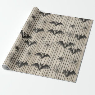 Vintage Bats and Spiderwebs on Distressed Striped Wrapping Paper