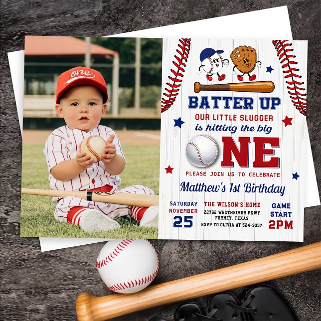 Vintage Batter Up Baseball 1st Birthday Photo Invitation (Creator Uploaded)