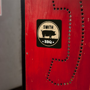 Vintage BBQ Black Tan Pig Logo Distressed Square Sticker