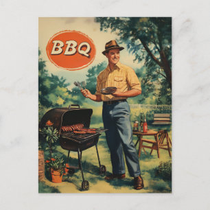 Vintage BBQ Delight: Classic Backyard Cookout Scen Postcard