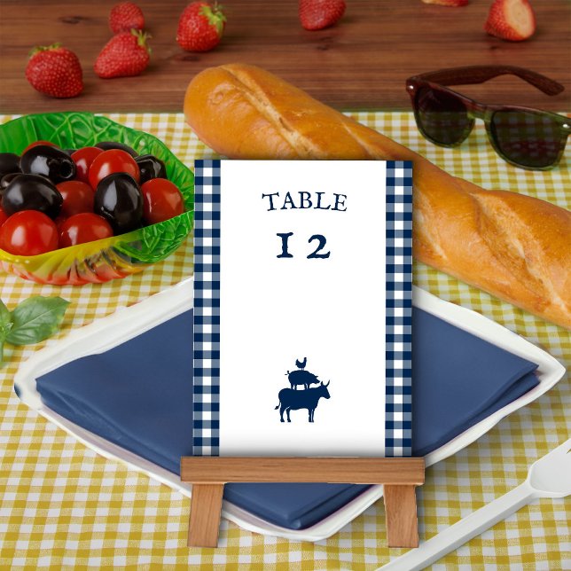 Vintage BBQ Navy Blue Gingham Wedding Table Number (Table Number card from my Rustic Farmhouse BBQ Bridal Shower collection)