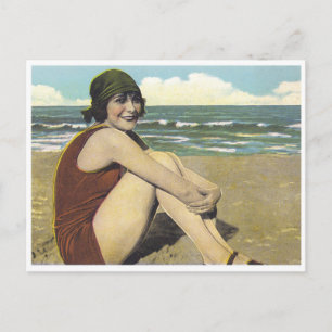 Vintage beach 20s flapper sunbather postcard