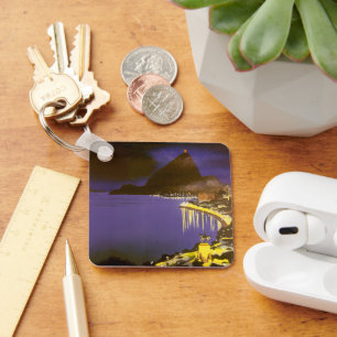 Vintage Beach at Night in Rio De Janeiro, Brazil Key Ring