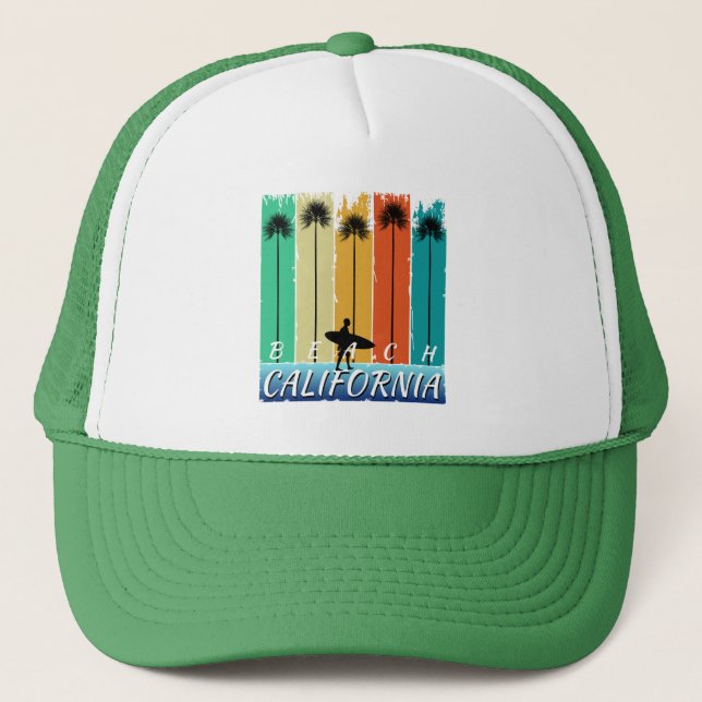 VINTAGE BEACH CALIFORNIA PALM TREES TRUCKER HAT (Front)