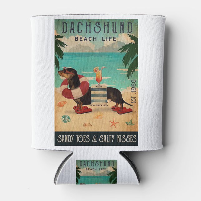 Vintage Beach Cocktail Life Dachshund Can Cooler (Front)