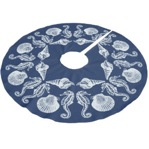 Vintage Beach Cottage Seashells White Blue Brushed Brushed Polyester Tree Skirt