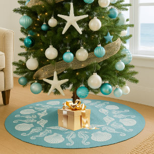 Vintage Beach Cottage Seashells White Blue Brushed Polyester Tree Skirt