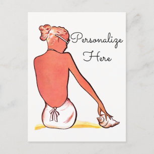 Vintage beach girl seashell summer elegant retro announcement postcard