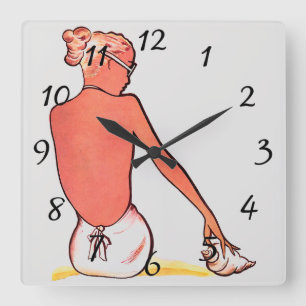 Vintage beach girl seashell summer white pink blac square wall clock