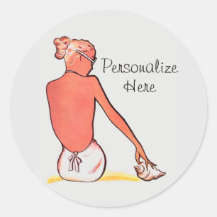 Vintage beach girl with seashell summer elegant  classic round sticker