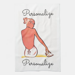 Vintage beach girl with seashell summer elegant tea towel