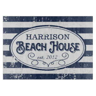 Vintage Beach House Personalised Navy and White Cutting Board