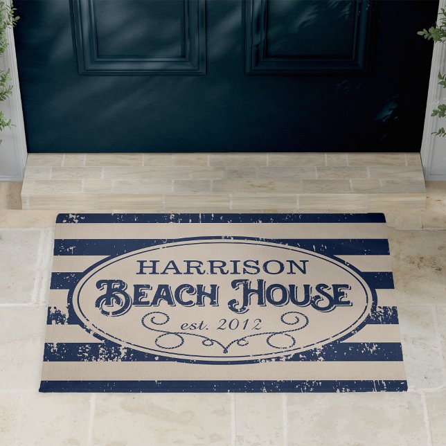 Vintage Beach House Personalised Navy Blue Doormat (Creator Uploaded)
