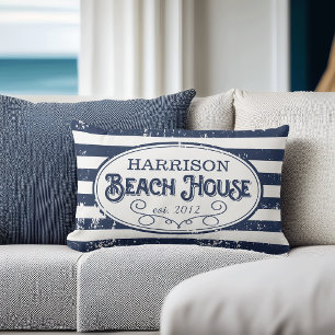 Vintage Beach House Personalized Navy and White Lumbar Cushion