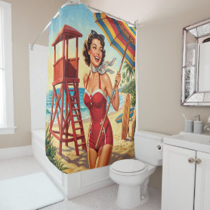 Vintage Beach Lifeguard Girl Pin Up Shower Curtain