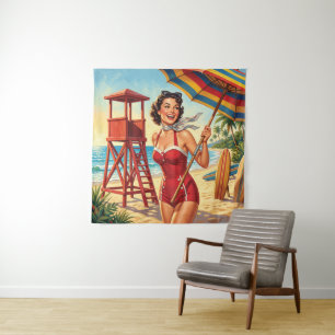 Vintage Beach Lifeguard Girl Pin Up Tapestry