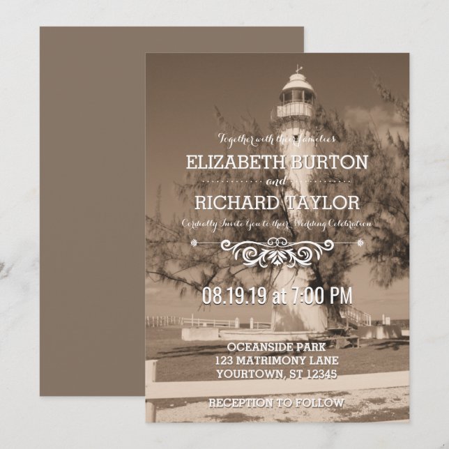 Vintage Beach Lighthouse Shore Wedding Invitation (Front/Back)