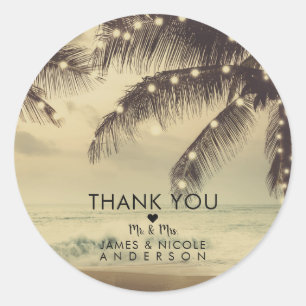 Vintage Beach Ocean Palm Trees & Lights Wedding Classic Round Sticker