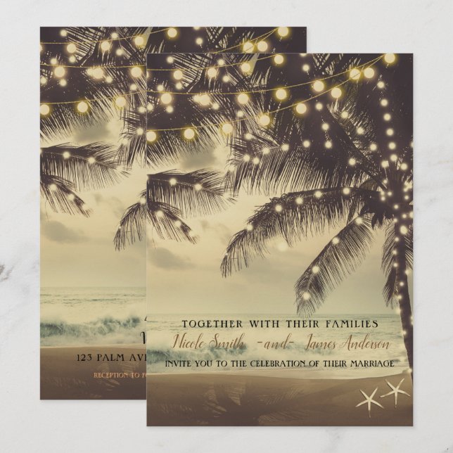 Vintage Beach Ocean Palm Trees & Lights Wedding Invitation (Front/Back)