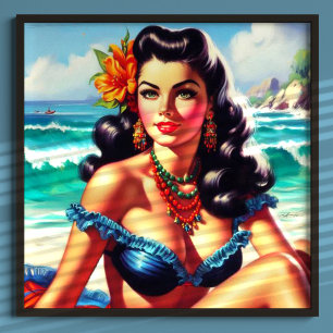 Vintage Beach Pin-up Painting Poster
