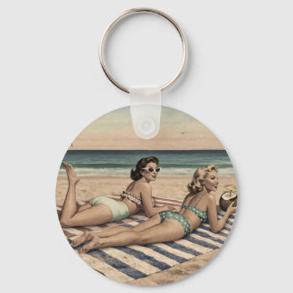 Vintage Beach Pinup Art Print | Retro Bikini Girls Key Ring