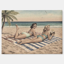 Vintage Beach Pinup Art Print | Retro Bikini Girls