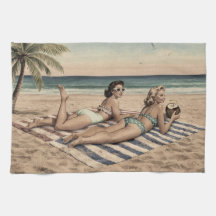 Vintage Beach Pinup Art Print | Retro Bikini Girls