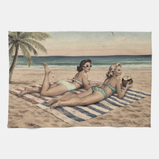 Vintage Beach Pinup Art Print | Retro Bikini Girls Tea Towel