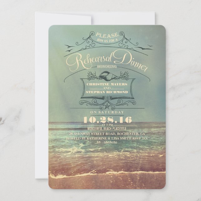 Vintage beach rehearsal dinner invitations (Front)