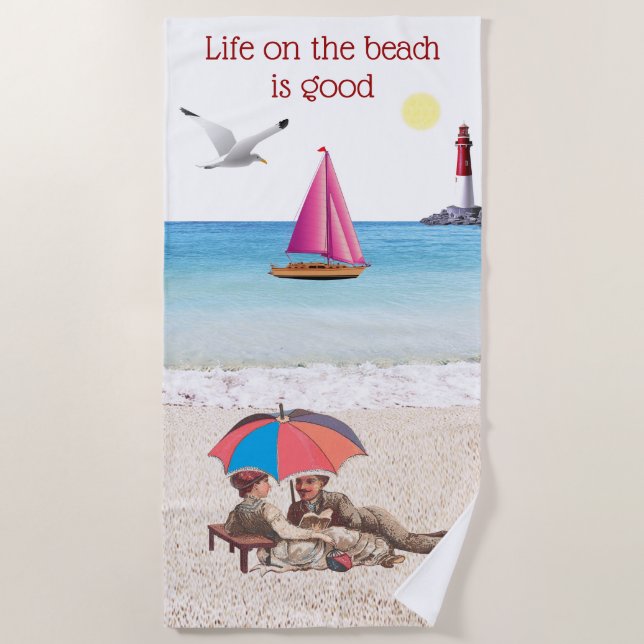 Vintage Beach Scene Beach Towel (Front)