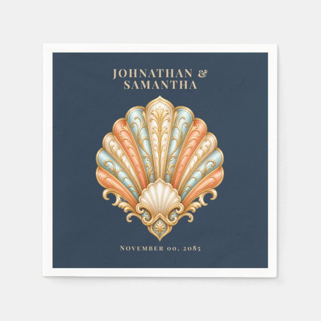 Vintage Beach Shell Coastal Wedding Napkin (Front)