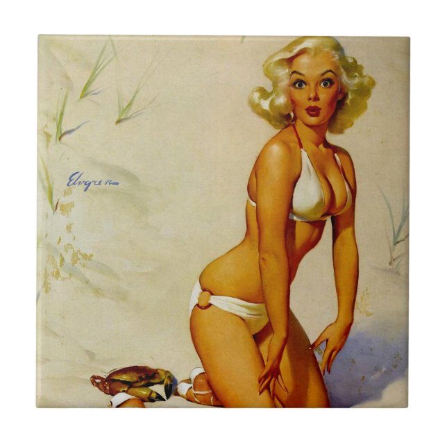 Vintage Beach Summer Pin up Girl Tile (Front)
