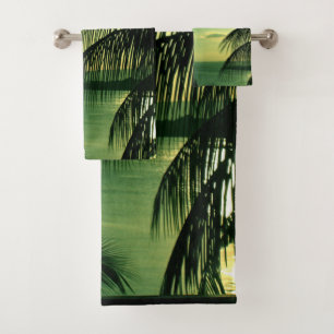 Vintage Beach Sunset Green-Blue Sky Black Palms Bath Towel Set