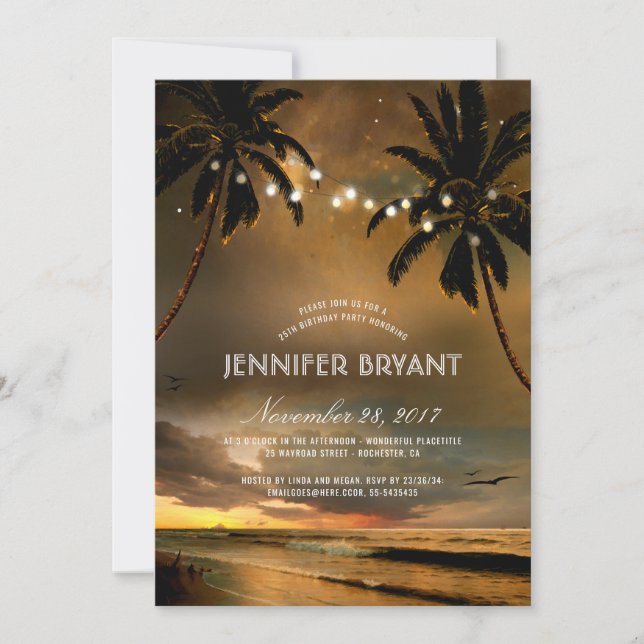 Vintage Beach Sunset Palm Lights Birthday Party Invitation (Front)
