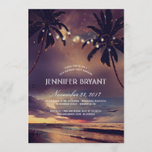 Vintage Beach Sunset Palm Lights Birthday Party Invitation