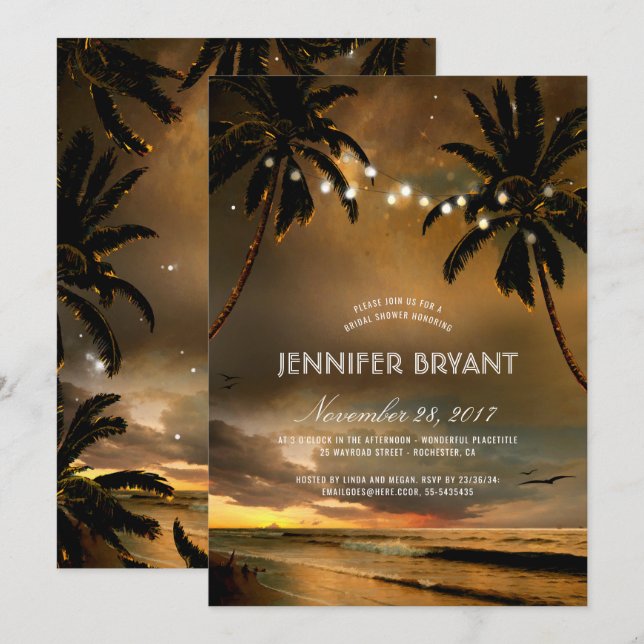 Vintage Beach Sunset Palm Lights Bridal Shower Invitation (Front/Back)