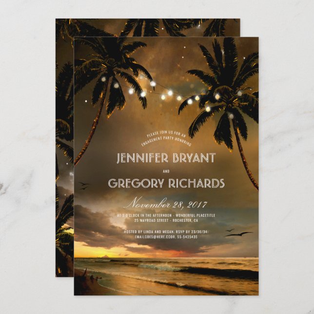 Vintage Beach Sunset Palm Lights Engagement Party Invitation (Front/Back)
