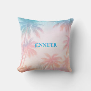 Vintage Beach Sunset Palm Trees Pastel Cushion