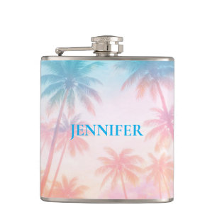 Vintage Beach Sunset Palm Trees Pastel Hip Flask