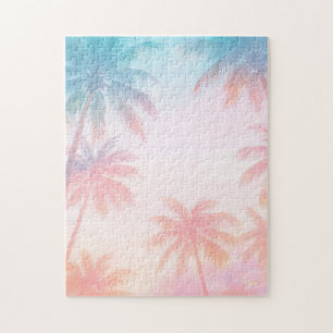 Vintage Beach Sunset Palm Trees Pastel             Jigsaw Puzzle