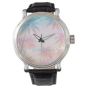 Vintage Beach Sunset Palm Trees Pastel Watch