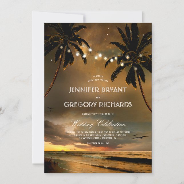Vintage Beach Sunset | String Lights Palms Wedding Invitation (Front)
