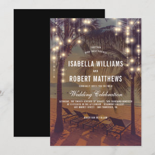 Vintage Beach Sunset & String Lights Wedding Invitation